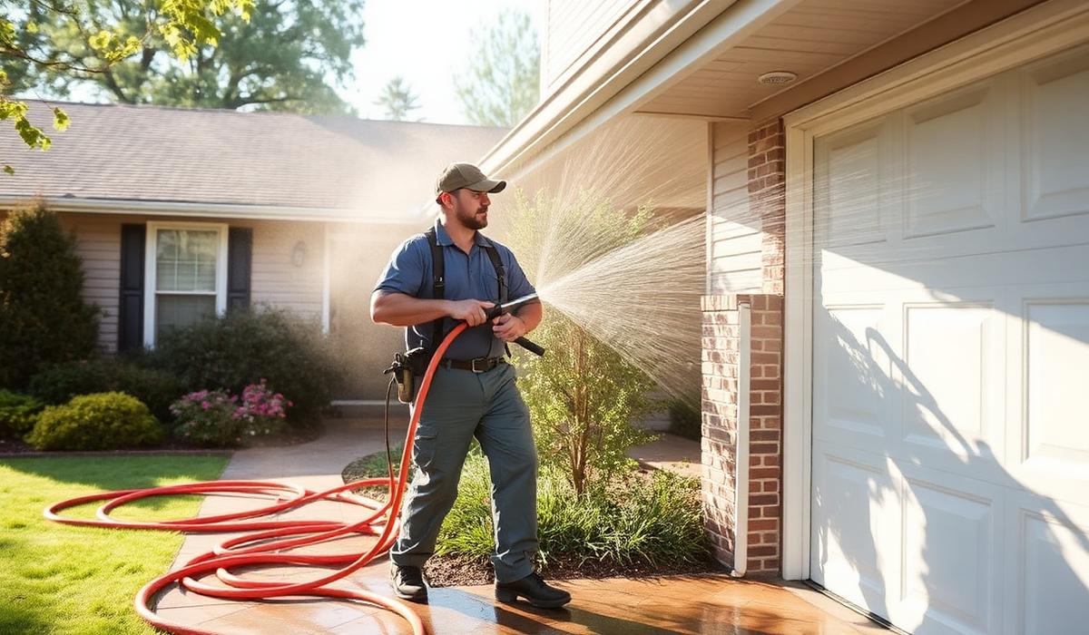 Crew soft washing a home exterior