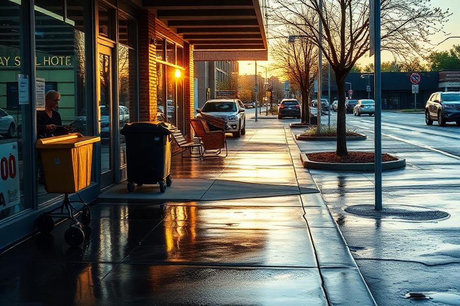 Commercial storefront sidewalk being pressure washed